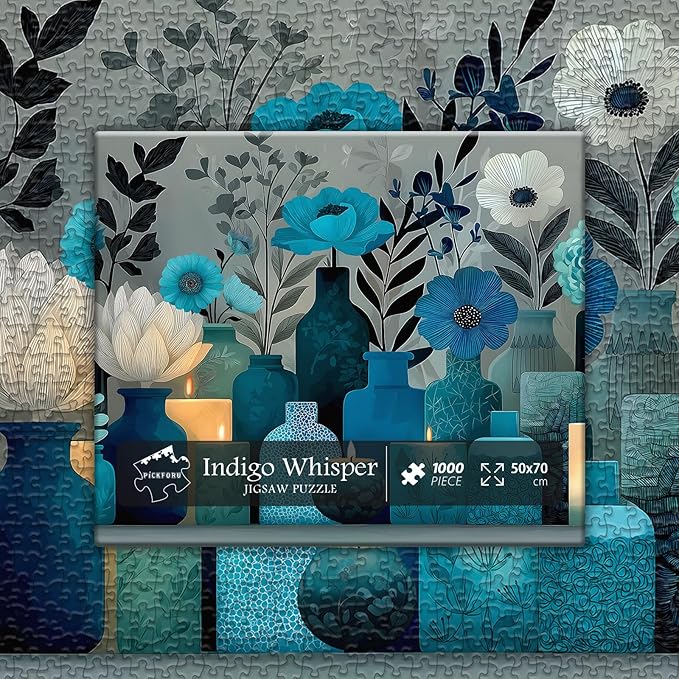 Blue Flower Puzzles for Adults 1000 Pieces,PICKFORU Indigo Whisper Jigsaw Puzzle, Elegant Plant Floral Vase Puzzles, Challenge for Adults Modern Aesthetic