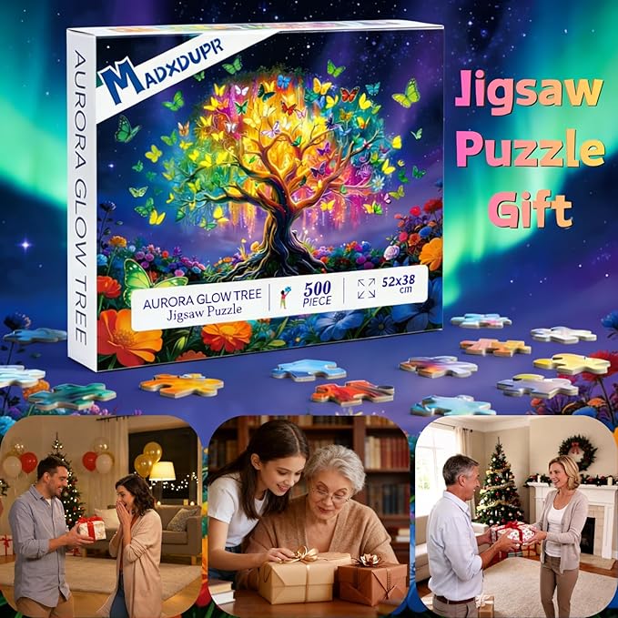 Tree of Life Puzzles for Adults 500 Pieces, Colorful Butterfly Aurora Tree Jigsaw Puzzle with Letters on Back, 21x15 Inch for Family Game Night, Puzzle Gift for Puzzle Lovers