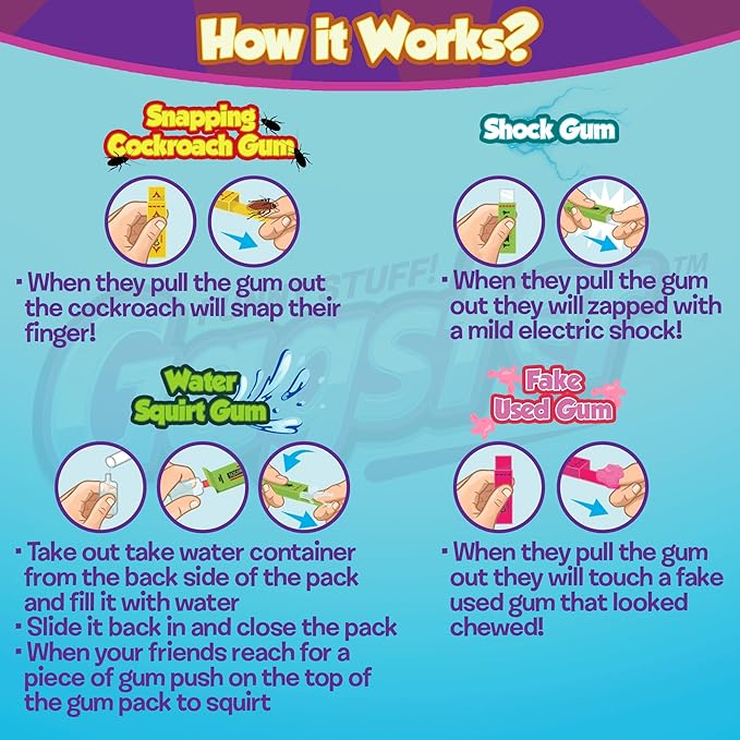 Gagster 4-in-1 Prank Chewing Gum Set – Shocking, Water Squirt, Cockroach Snapping, Fake Chewed Gum, Gag Gifts for Kids Adults, Work Pranks, April Fools, Practical Joke Toys Kit