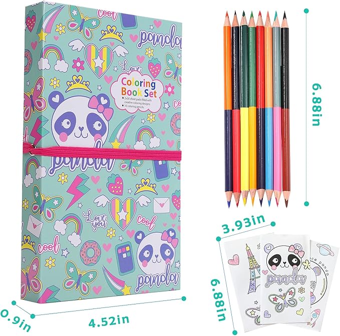 YOYTOO Panda Coloring Book Set with Coloring Pages & Colored Pencils, Art Supplies for Kids Ages 4-6-8, Arts Crafts Travel Coloring Kit for Girls 4 5 6 7 8 Year Old Birthday Gifts