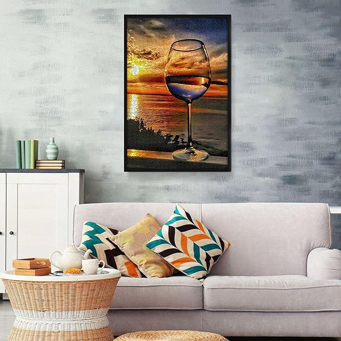 najiaxiaowu Adult Puzzles 500 Pieces DIY Sunset Sea Wine Glass Wooden Puzzles Teens and Elderly Puzzles Modern Home Decor Wall Art Unique Gift 52 cm x 38 cm(20.5 x 15 in)