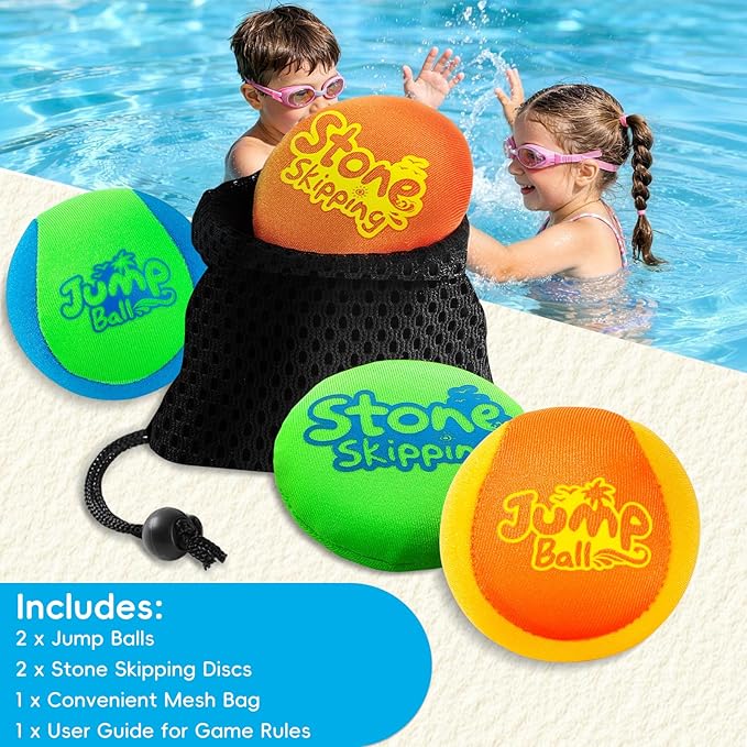Water Stone Skipping Discs Set 4 Pack – Fun Pool Toys for Kids All Ages – Water Bouncing Skip Ball Toy for Boys & Girls – Best Games Gifts with Your Friends & Family at the Beach, Lake or Pool