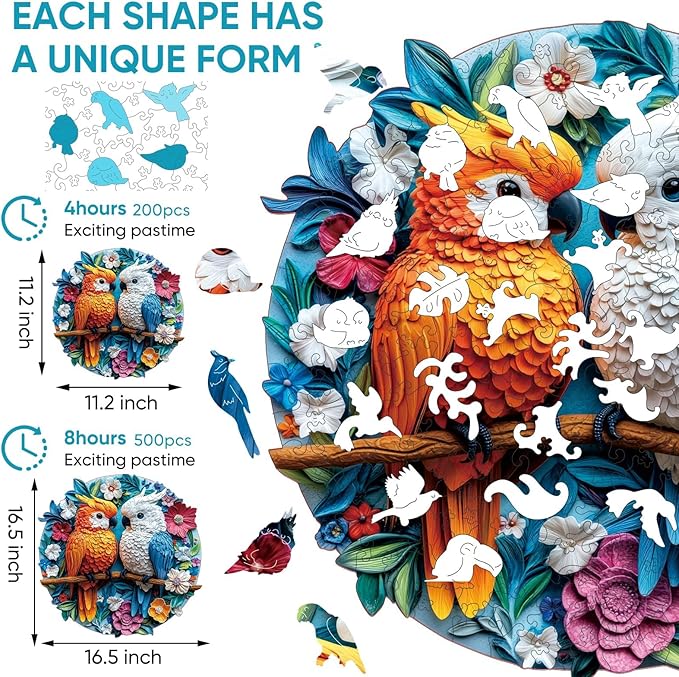 Bodhipnjoy Spring Flower Wooden Jigsaw Puzzle for Adults 500 Pieces, Parrots Jigsaw Puzzles, Bird Wood Puzzles Adult, Unique Shaped Fun Challenging Family, Home Decor 16.5" x 16.5"