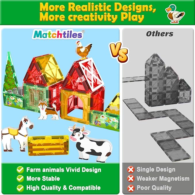 Magnetic Tiles Farm Animals Set, Immersive Storytelling Building Blocks for Toddlers 3-5, 3D Farm House STEM Toys with UV-Printed Realistic Animals, Compatible with All Major Brands