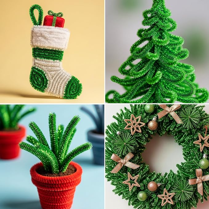 Caydo 200 Pieces Green Pipe Cleaners for Easter Decorations, Glitter Chenille Stems Bulk for Flowers, Leaves and Kids Arts & Crafts Making