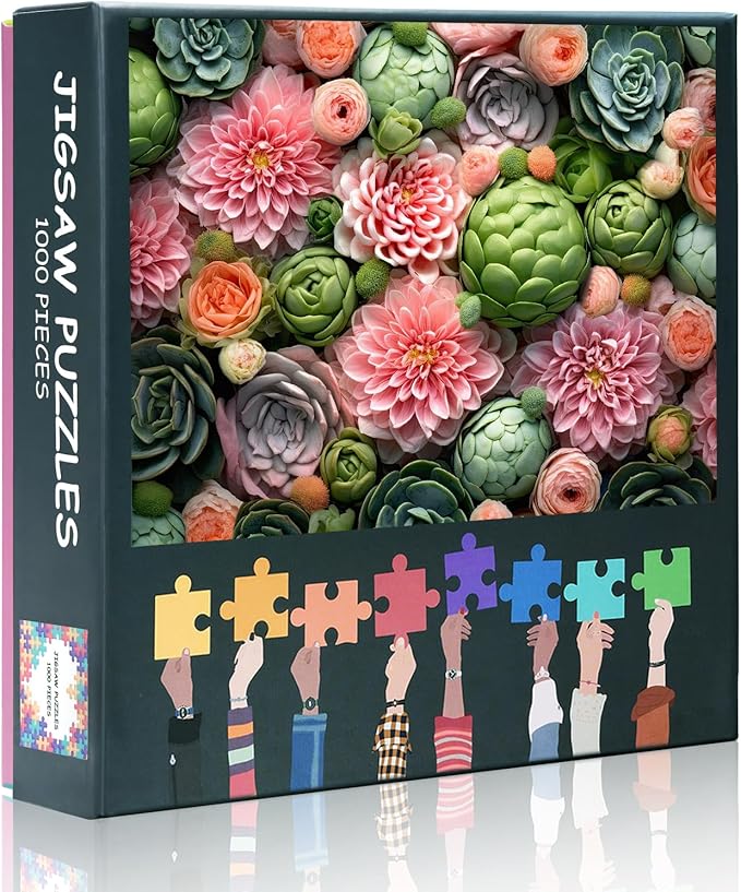 Succulents Puzzles for Adults 1000 Pieces, Pink Flowers Jigsaw Puzzles, Floral Adult Puzzle for Adults, Educational Fun Games or Toys for Elders Friends 20X27 INCH