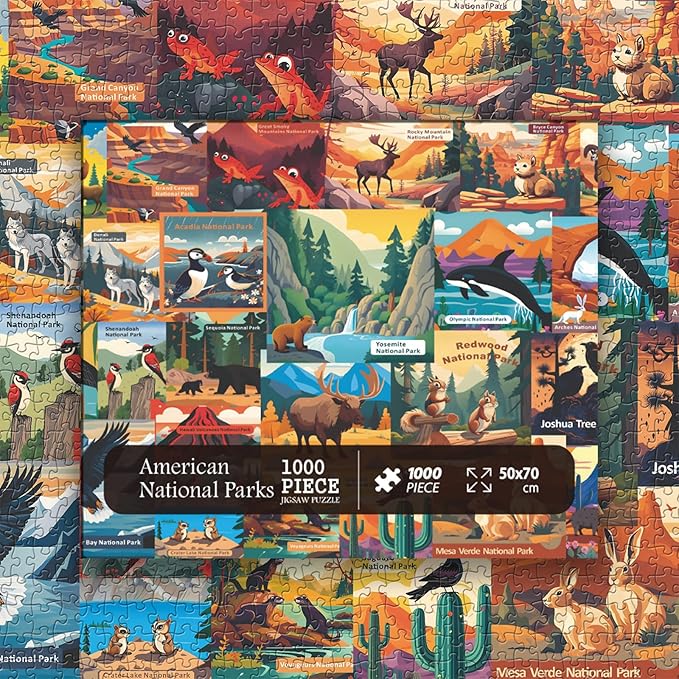 American National Parks Puzzle for Adults 1000 Pieces, PICKFORU Travel Poster Landscape Puzzle Scenery of Zion Yellowstone Yosemite with Animals, Scenic Jigsaw Puzzles for Adults Mountain Scene