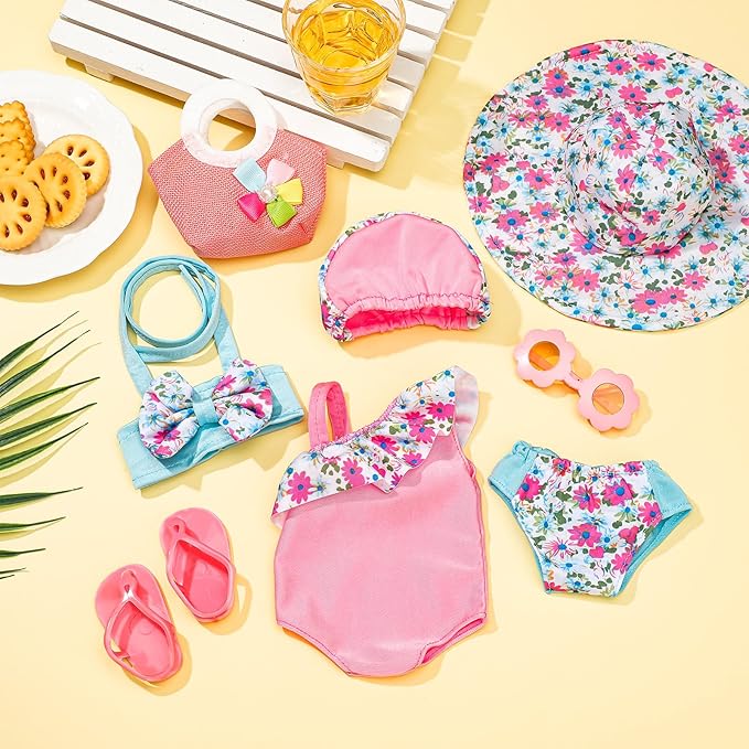 Kajaia 8 Pcs 18 Inch Doll Clothes and Accessories Summer Dolls Swimsuits Beach Playsets Include Doll Swimsuit Bikini Dress Flip Flops Hat Sunglasses Handbag Swim Accessories for 18 Inch Girl Dolls