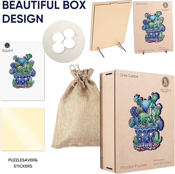 Delobil Puzzles for Adults 500 Pieces, Cactus Jigsaw Puzzles, Unique Shaped Flowers Wooden Puzzles for Adults and Kids, Family Game for Plant Lovers, 14.3 x 18.5 Inches