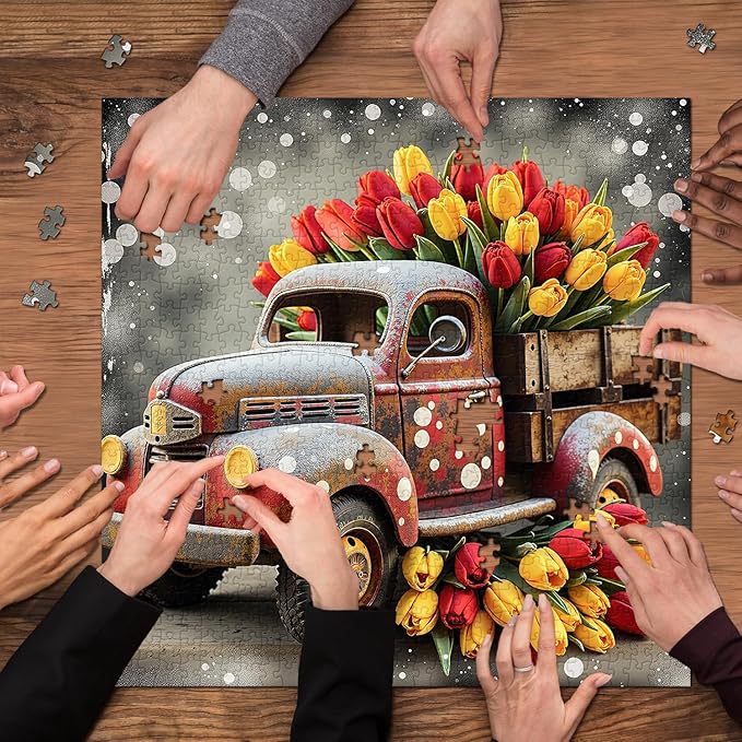 Vintage Truck Puzzles for Adults 1000 Pieces, Tulip Flower Farm Jigsaw Puzzles, Retro Spring Floral Art Puzzle