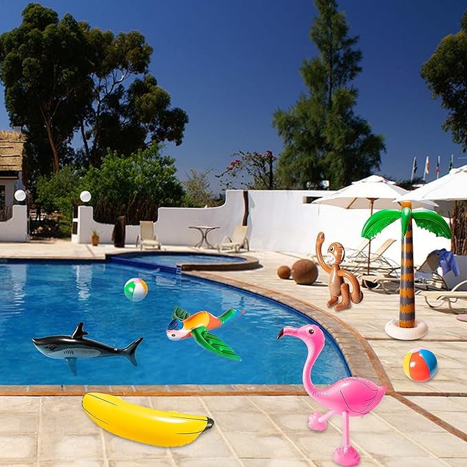 R HORSE Inflatable Palm Tree Flamingo Banana Beach Ball Parrot Beach Pool Toys for Tropical Hawaiian Luau Party Summer Pool Beach Party Decorations