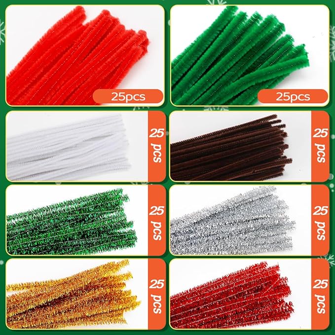 200pcs Christmas Pipe Cleaners – 8 Color Chenille Stems & Fuzzy Sticks for Crafts, Holiday DIY Decorations, Ornaments & Family Projects