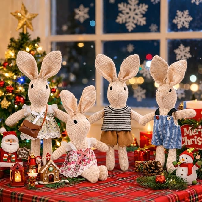 HAPGFS Handmade Rabbit Family Dolls Set of 4 with Removable Outfits & Bag, Realistic Dollhouse People Figures for Imaginative Play, Kids Room Decoration, Easter Bunny