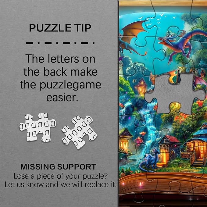 Dragon Puzzle for Adults 1000 Pieces, Magic Library Book Puzzles Nature Forest Animal, Fantasy Dinosaur Jigsaw Puzzle, Impossible Difficult Hard Challenge for Adult