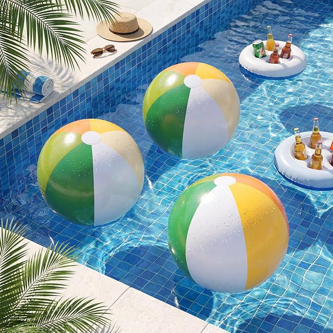 Realspring 12 Pcs Pastel Inflatable Beach Balls Kids Bulk Stripe Jumbo Big Beach Balls Pool Floating Toy for Adult Water Game Baby Shower Birthday Summer Swimming Party (Orange and Green,26.5 Inch)
