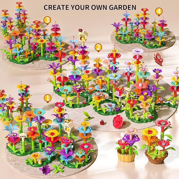 TEMI 138 PCS Flower Garden Building Toys for Girls Toys, Educational STEM Toy and Preschool Garden Play Set for Toddlers 3 4 5 6 7 8 Year Old Kids Boys Girls, Flower Stacking Toys for Kids Age 3-6