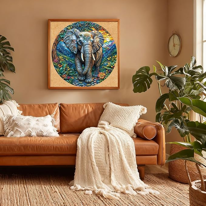 Round Jigsaw Puzzle 1000 Pieces - Majestic Elephant Art Design - 26.6" Circular Challenge, Wildlife Jungle Scene, Mindful Stress Relief Gift for Adults & Teens