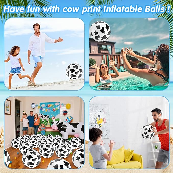 12 Pieces Inflatable Beach Ball Set - Cow Print Beach Balls for Toy Inspire Game Party Supplies Summer Pool Fun Games Cowgirl Cowboy Farm Animal Birthday Party Favors(8 Inch)