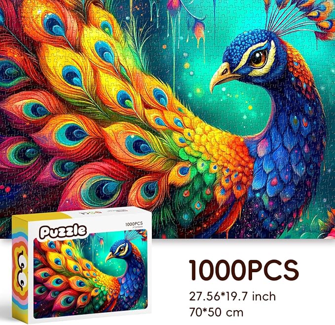 ROSE RAIN Premium 1000 Pieces Jigsaw Puzzles for Adults with Letters on Back Dust-Free Thick HD Board - Colorful Fantasy Peacock Bird Animal Art Hard Fun Stress Relief Gift for Family Game Night