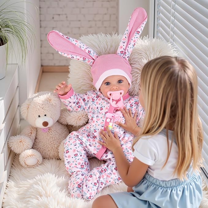 BABESIDE 4 Pcs Reborn Baby Doll Accessories and Clothes for 17-20 Inch Baby Dolls, Pink Floral Doll's Clothes Set with Hat, Pacifier and Chain for Dolls Girls Boys (Doll not Included)