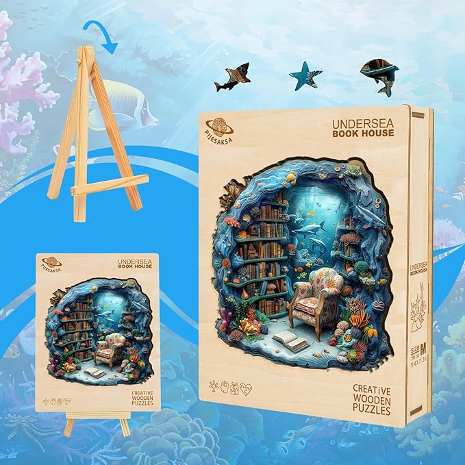 Wooden Puzzles for Adults, Undersea Book House Wooden Jigsaw Puzzle for Adults, Unique Shape Wood Puzzles Adult, Presents for Women and Men, Wall Art Home Decor(S -8.5 * 8.4in-100 pcs)