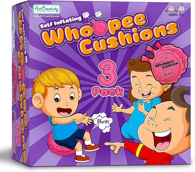 ArtCreativity Self Inflating Whoopie Cushion Set - 3 Pack - 7 Inch Whoopee Cushions for Rib Cracking Fart Sounds - Classic Prank Toys for Boys and Girls - Party Favors and Gag Gifts for Kids