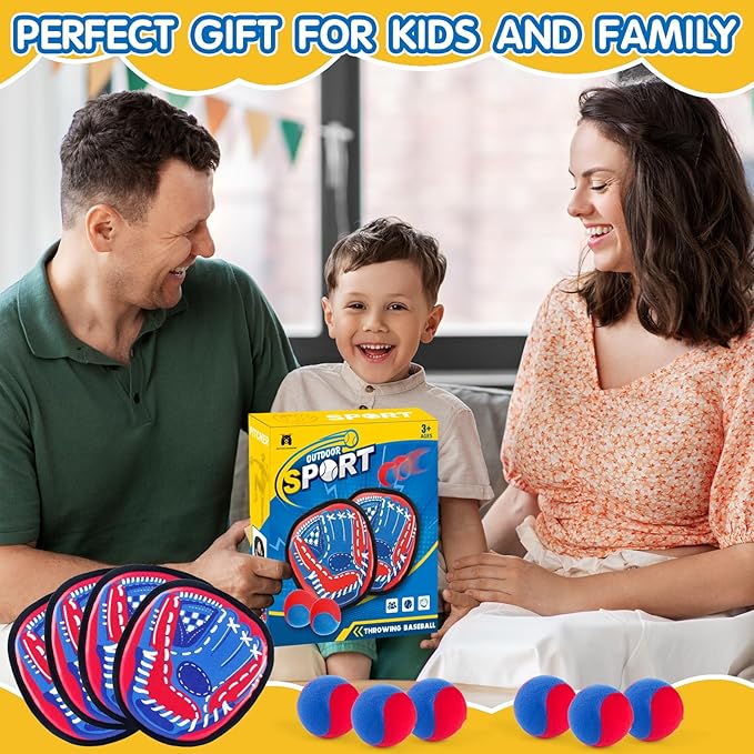 Toss and Catch Ball Set Outdoor Games for Kids, Beginner Toddler Baseball Training Glove Sticky Ball Catch Toys, Beach Pool Yard Games Toys for Kids and Family, Baseball Gift for Boys Girls Ages 3-12