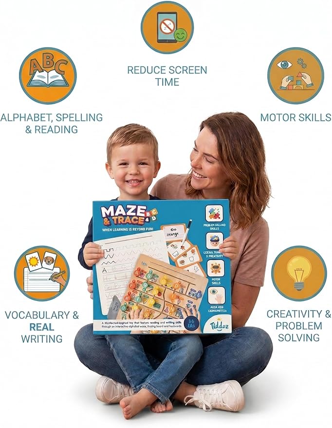 AllโinโOne Montessori Learning Set โ ABC Tracing Wooden Board, Letter Matching, 100+ Sight Words Flashcards & Writing for Preschool & Kindergarden Toddlers Ages 3-6