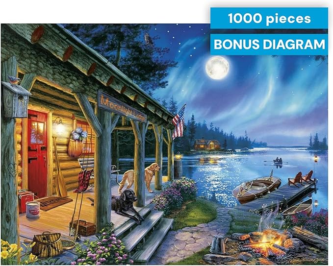 Buffalo Games - Moonlight Lodge - 1000 Piece Puzzle for Adults, Darrell Bush Lake Cabin Jigsaw with Poster, Premium 1000 Piece Jigsaw Puzzle