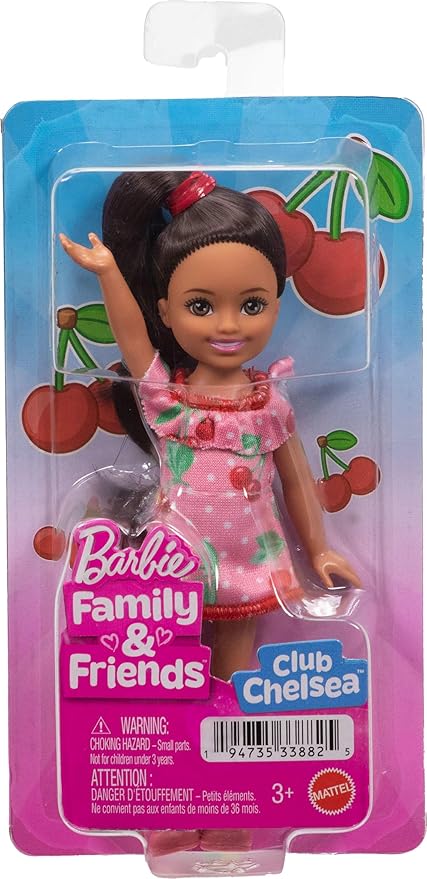 Barbie Club Chelsea Small Doll, 6-Inch Lula with Brunette Hair Wearing Removable Cherry-Print Dress & Sandals