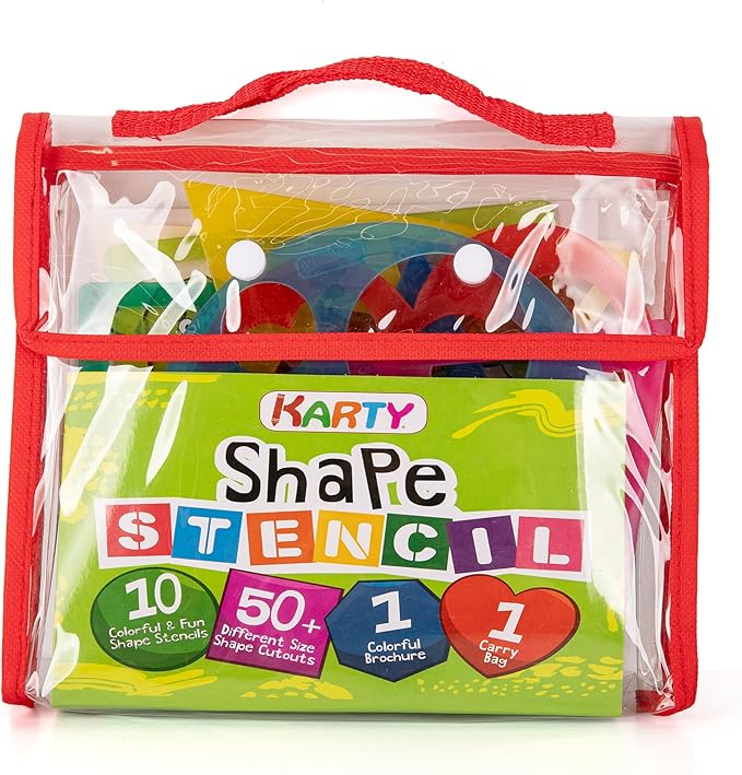 Karty Thick Shape Stencil Set with Case, 10pcs Sturdy Plastic Drawing Templates for Kids, Teacher Classroom Supplies and Preschool Arts & Crafts, Colorful Learning Kit for Toddlers Ages 4+