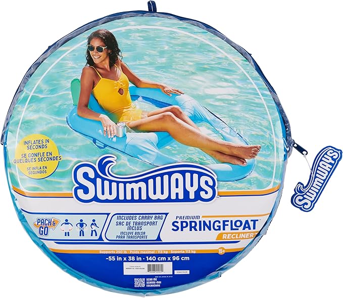 SwimWays Spring Float Premium Recliner Pool Lounger, Inflatable Pool Floats Adult with Fast Inflation for Ages 15 & Up, Sky Blue