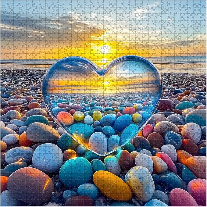 Crystal Heart Puzzles for Adults 1000 Pieces, PICKFORU Colorful Summer Beach Sunset Jigsaw Puzzles, Difficult Love Cobblestone Theme as Home Decor