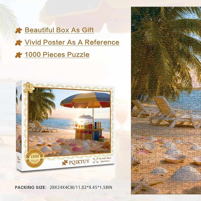 Puzzles for Adults 1000 Pieces Tropical Beach Scene Jigsaw, with Letter on Back, HD Poster, Storage Bag Impossible Challenging Puzzle Giftfor Vacation Lovers (27.56x19.7 Inch)