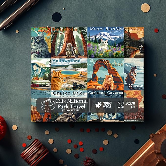Cat Puzzles for Adults 1000 Pieces and up, National Parks Puzzle Series Kitty Travels Yellowstone Glacier, PICKFORU Funny Cat Jigsaw Puzzles as Home Decor