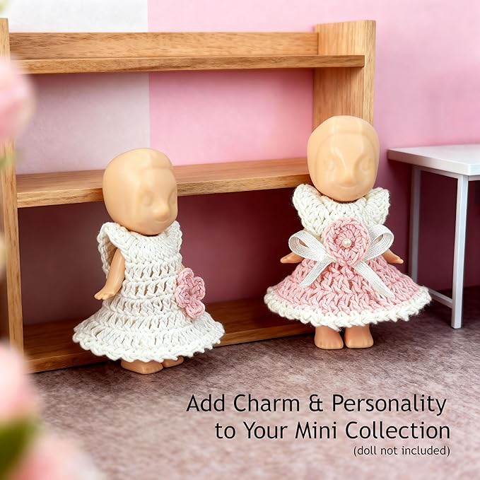 Mini Doll Clothes Skirt Set – 2 Crochet Dresses for 3 Inch Collectible Figures, Pink & White Cotton Outfits | Birthday Gift Set | Cute Clothing Accessories for Mini Dolls