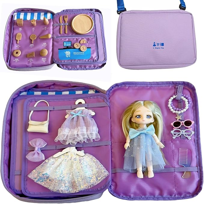 Kids' Portable Travel Toy Storage Bag, Convenience Store Cash Register Pretend Play Set with Realistic Play Food, Doll Dress-Up Outfits & Accessories, Birthday Gift for 3-8 Year Old Girls