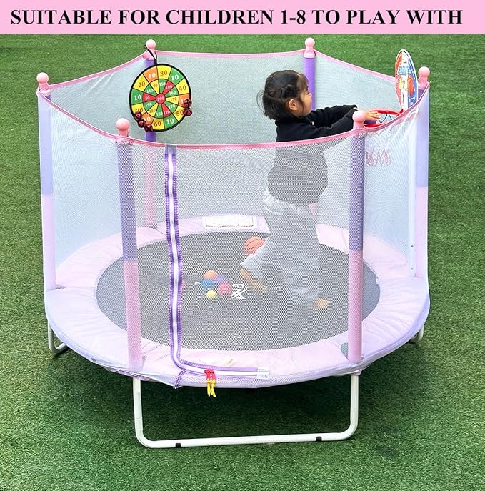 LANGXUN 60" Trampoline for Kids, 5ft Toddler Mini 6-in-1 Trampoline Indoor Outdoor with Swing, Basketball Hoop, Dart Board, Rings, Christmas Toys Birthday Gifts for Girls Boys