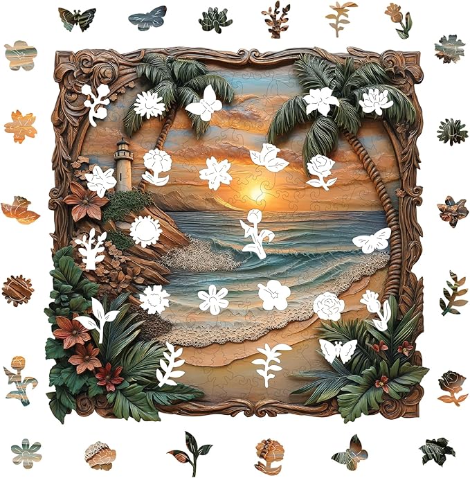 Pikoqunc Seaside Dusk Wooden Puzzles,200 Pieces 11.4x11.1 Inches,Laser-Cut Art Jigsaw with Challenging Irregular Pieces,Relaxing Brain Teaser and Elegant Gift for Adults and Puzzle Lovers