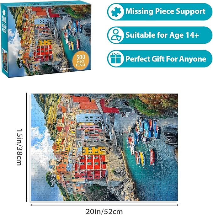 500 Piece Puzzle for Adults, Landscape Seaside Town Puzzle Teen Adults,Recycled Paper Unique Fun Jigsaw Puzzle 500 Piece,Challenging Family Game Gift for Friends Men Women Seniors,20.5 * 15In