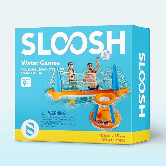 JOYIN Inflatable Pool Float Set Volleyball Net & Basketball Hoops, Floating Swimming Game Toy for Kids and Adults, Summer Floaties, Volleyball Court (105”x28”x38”)|Basketball (27.6”x23”),L-Orange