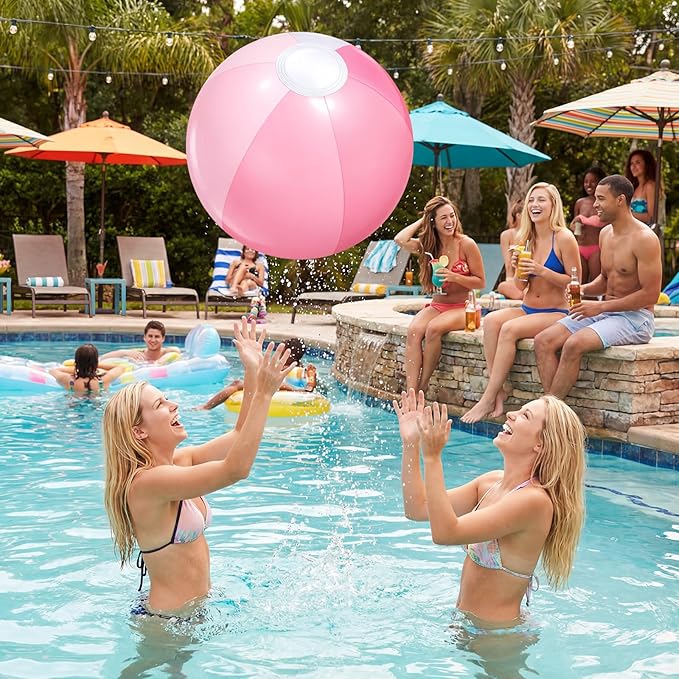 Realspring 12 Pcs Pastel Inflatable Beach Balls Kids Bulk Pink Stripe Jumbo Big Beach Balls Pool Floating Toys for Adults Water Games Baby Shower Birthday Summer Swimming Party Decor(26.5 Inch)