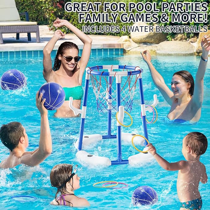 Pool Basketball Hoop, 4-in-1 Floating Pool Toys Ring Game with 4 Balls, Air Pump Launcher and Sticky Balls, Outdoor Swimming Pool Basketball Game Water Toy Family Party for Kids Age 3-12