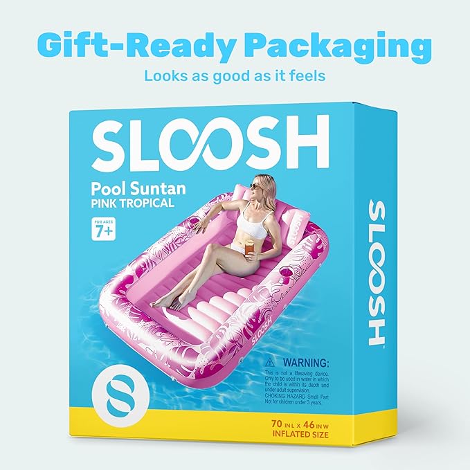 SLOOSH Inflatable Tanning Pool Lounger Float, 70" x 46" Pool Floats Adult with Pillow, 4 in 1 Suntan Tub Raft Floatie,Sunbathing Bed Lounge for Water Blow Up Kids Ball Pit Party Gifts, L-Hot Pink