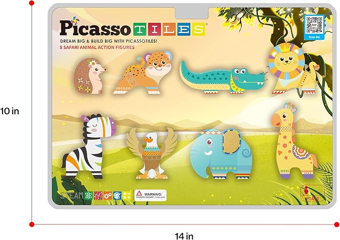 PicassoTiles Magnet Building Blocks 8 Safari Animal Magnetized Action Figures Compatible with Magnetic Assembly Build Tile Toys Accessory Toyset STEAM Educational Learning Girls Boys Ages 3+ PTA22