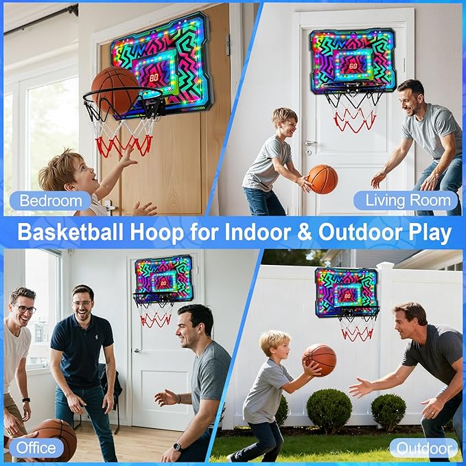 Indoor Mini Basketball Hoop, Over The Door Basketball Hoop with LED Lights/Scoreboard/4 Balls, Upgraded Reinforced Backboard Frame, Basket Ball Toys Gift for Kids Ages 3-5-12+ Boys Girls