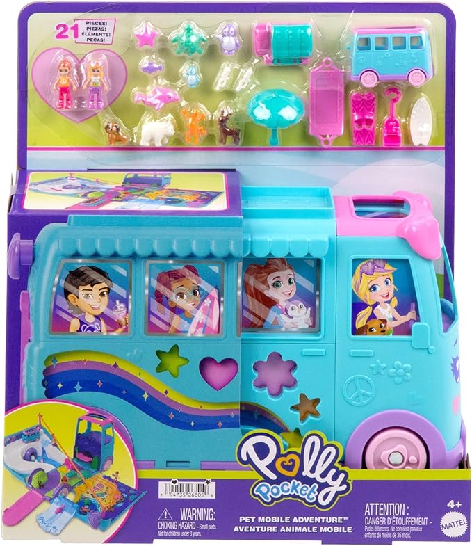 Polly Pocket Micro Dolls and Transforming Camper Van Vehicle, Accessories Include Pets and Toy Car, Pet Mobile Adventure Playset