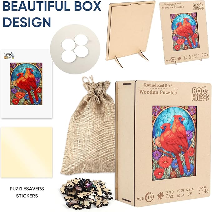 Wooden Puzzles for Adults, Wooden Cardinal Puzzle, Fun Educational Jigsaw Puzzle, Home Decorative Gift, Relaxing Wood Puzzle Game for Family & Friends, 200 Pcs, 8.9×11.8in