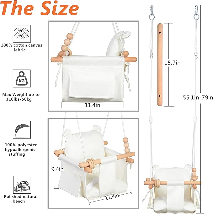 Canvas Baby Swing Seat Wooden Baby Hanging Swing Door Swing Baby Toddler Cream Indoor Baby swingSwing with Safety Belt and 2 Side Pockets for Indoor Playground Sport & Outdoor Play Toys