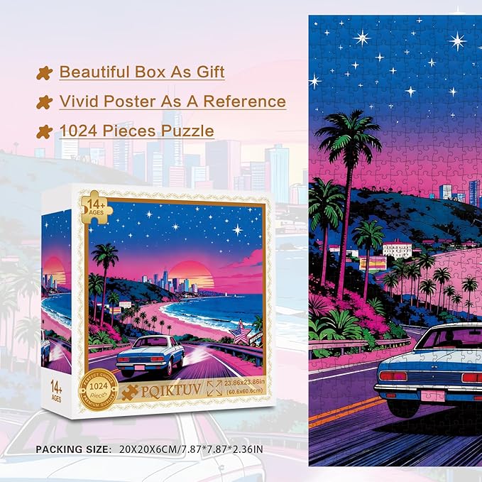 1024 Piece Adult Puzzle, Retro Neon Coastal City Sunset Jigsaw, Puzzles with Letter Markings, HD Poster, Nature Landscape Family Puzzles Wall Decor Gift for Retro Lovers Friends